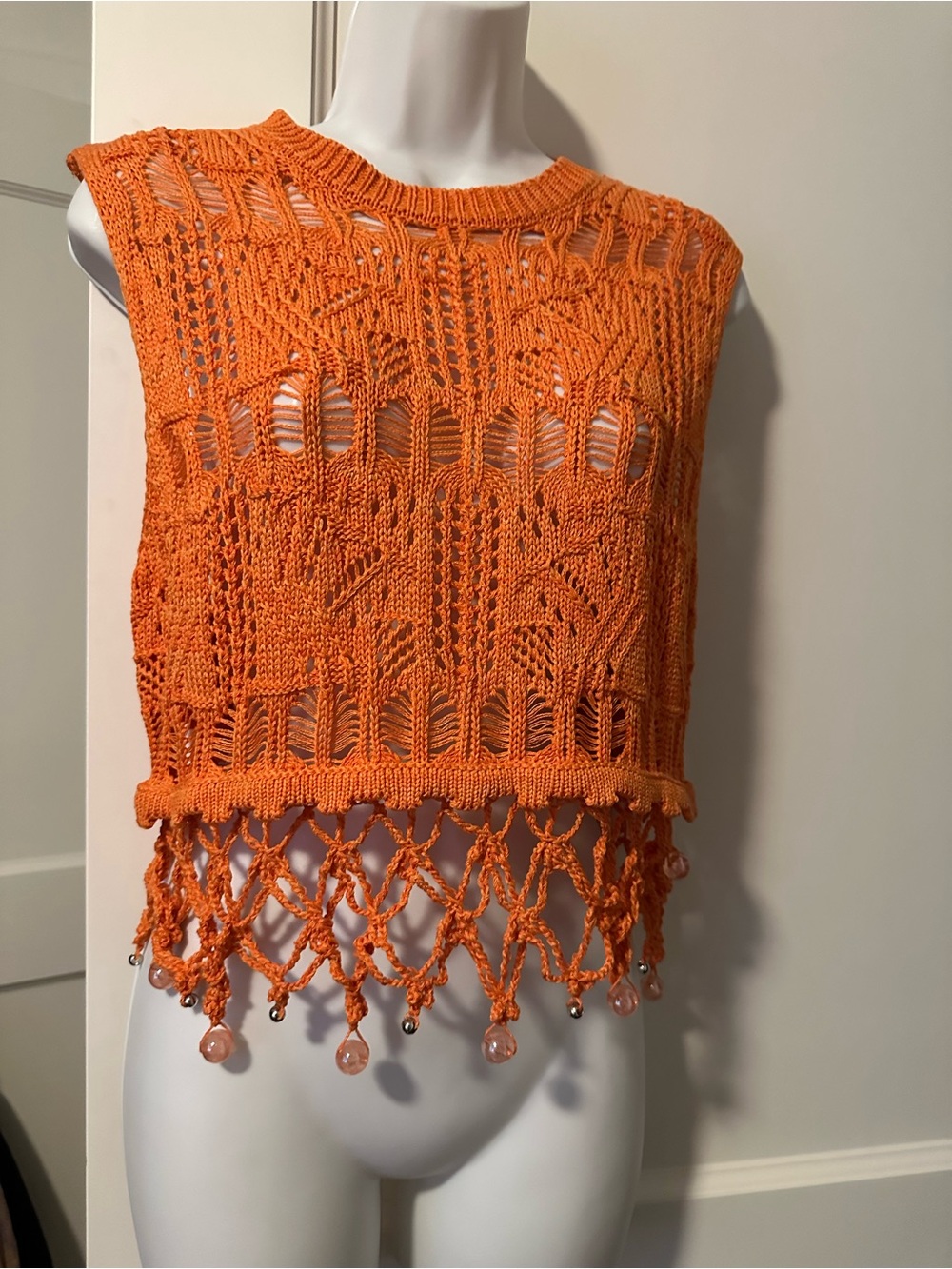 Zara Orange Crochet Beaded Fringe Crop Top